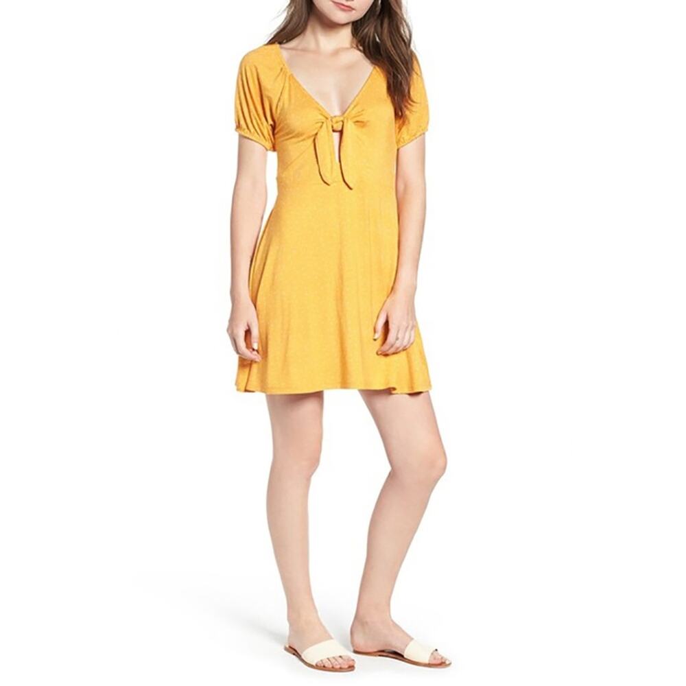 Love Fire Marigold Yellow Polka Dot Keyhole Tie Front A-Line Mini Dress S NWT